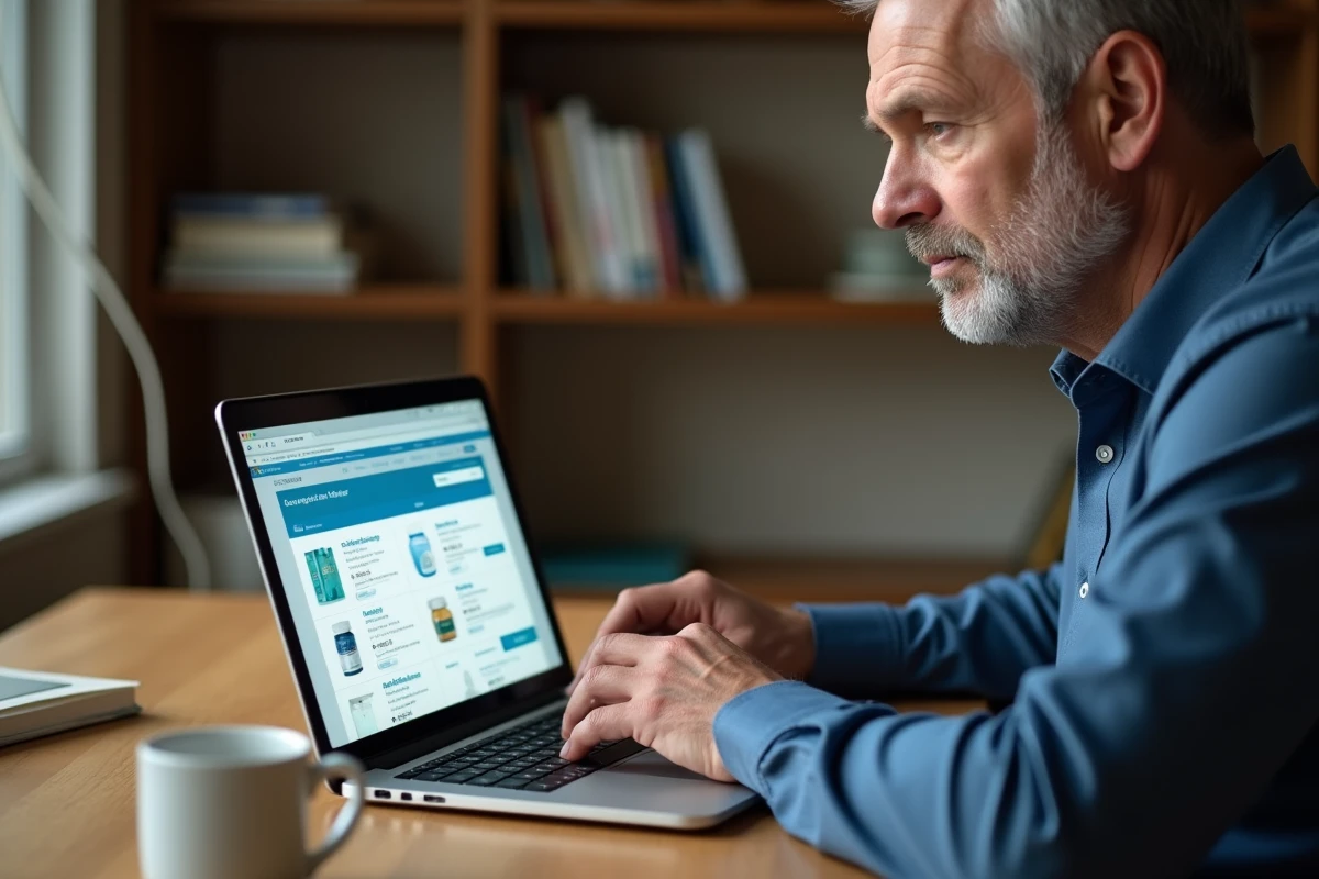 Homme consultant le prix de l'Halcare en ligne sur un site de pharmacie depuis son domicile