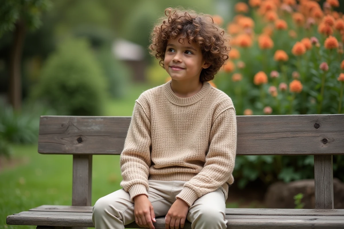 Adolescent aux boucles naturelles dans un jardin botanique
