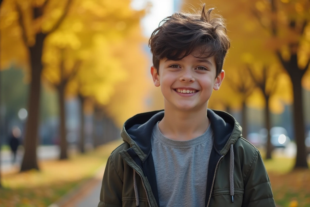 Adolescent souriant dans un parc urbain en automne avec des feuilles
