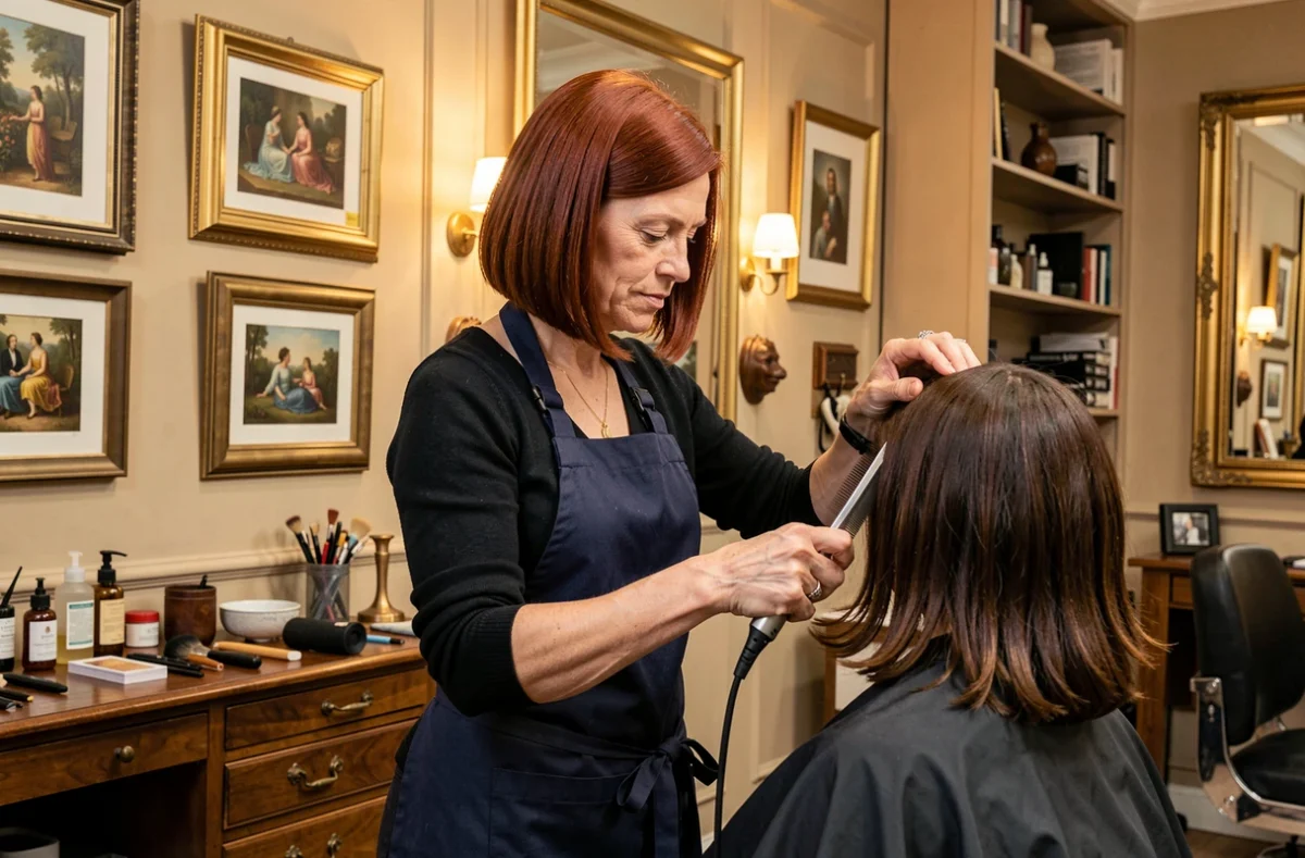 Agnès Soronellas coiffeuse à Montpellier réalisant une coupe de précision dans son salon artistique et raffiné