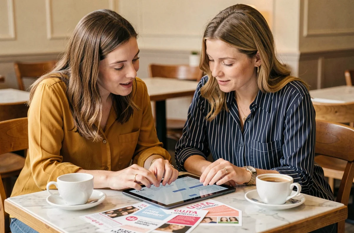 Deux amies planifiant ensemble leur visite dans un magasin Ulta autour d'un café avec des coupons beauté