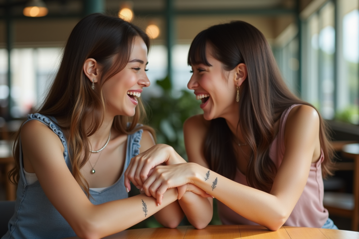 Deux jeunes femmes riant au café montrant leurs tatouages minimalistes