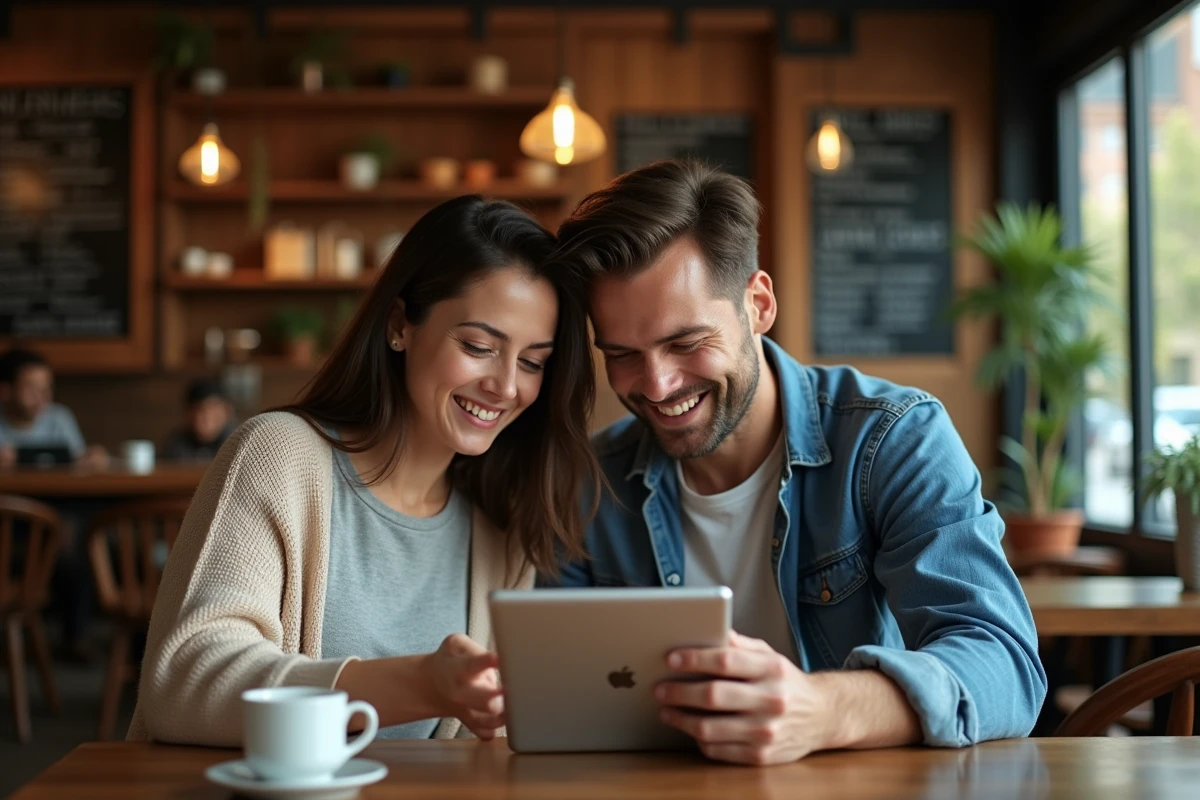 Deux amis partageant un code promo discret sur une tablette dans un café