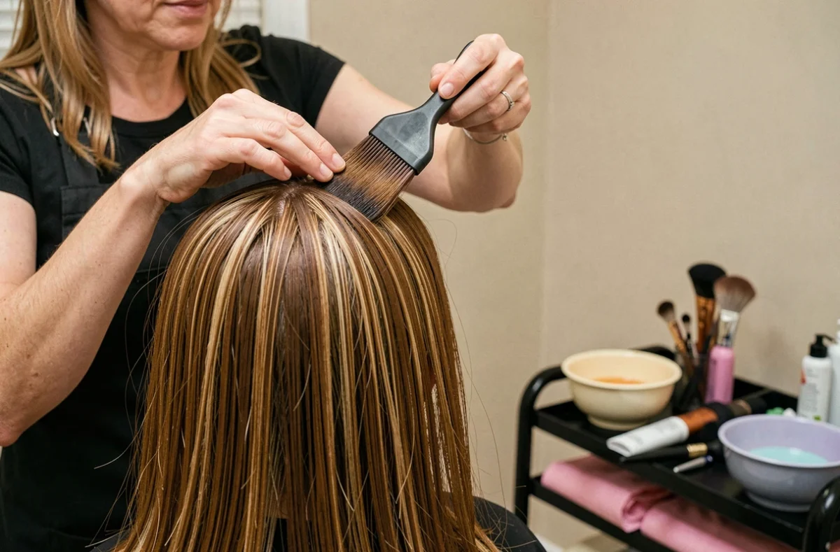 Coiffeuse appliquant un balayage blond sur cheveux châtains avec un pinceau professionnel