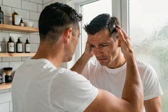 Homme appliquant de la cire mate sur cheveux courts devant un miroir de salle de bain, erreur de coiffure à éviter