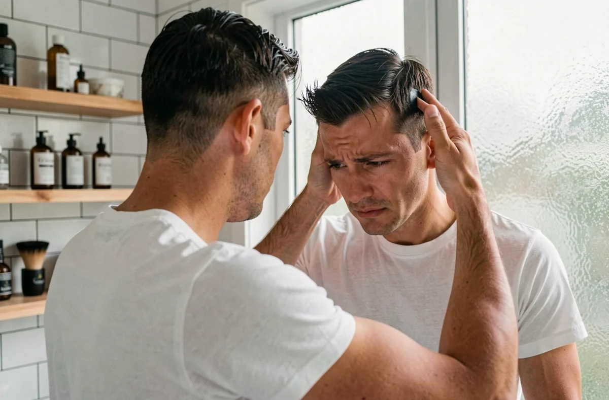 Homme appliquant de la cire mate sur cheveux courts devant un miroir de salle de bain, erreur de coiffure à éviter