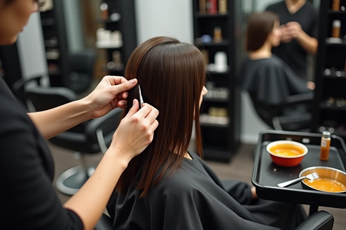 Coiffeur appliquant une coloration caramel miel sur cheveux bruns dans un salon professionnel