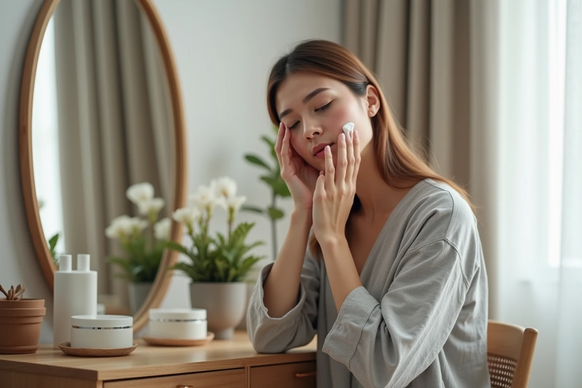 Femme appliquant une crème apaisante sur une peau rosacée devant une coiffeuse en bois dans une chambre lumineuse