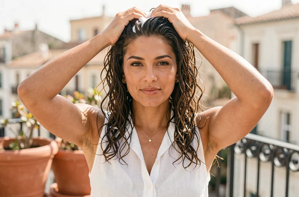 Femme aux cheveux ondulés 2C appliquant du gel coiffant sur une terrasse urbaine en plein air