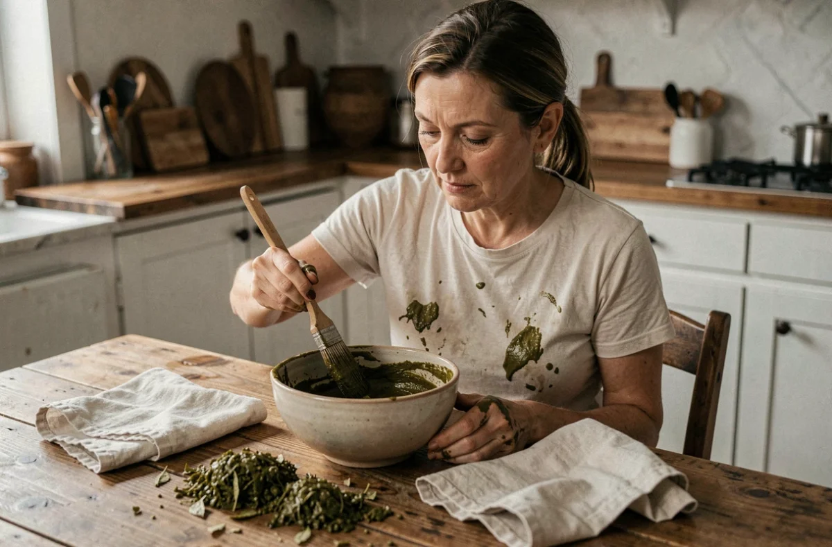 Femme appliquant une pâte de henné colorant sur ses cheveux dans une cuisine en bois rustique