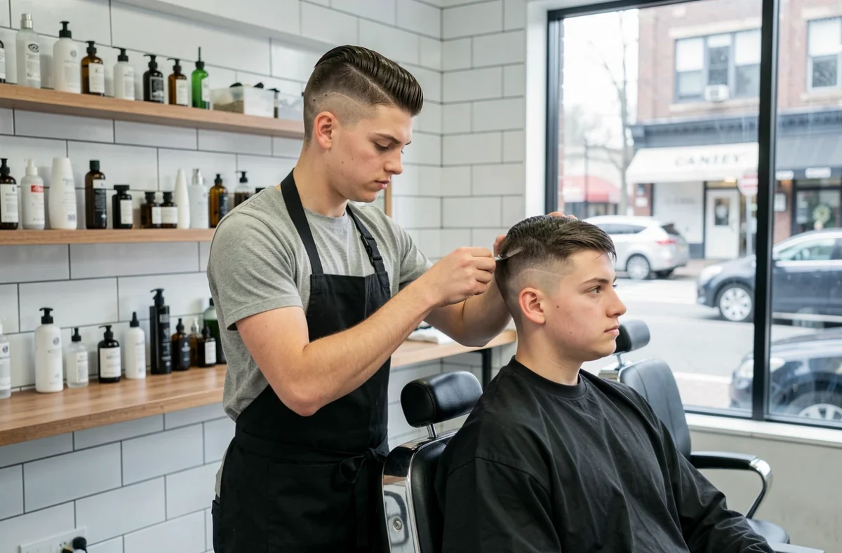 Apprenti coiffeur avec une coupe tapper nette réalisant une coupe dégradée sur un client adolescent dans un salon moderne