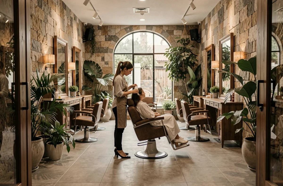 Salon Art Sérénissime à Lattes avec une ambiance zen et une coiffeuse appliquant un soin capillaire