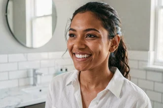 Jeune femme à peau mate souriant devant un miroir de salle de bain, dents blanches éclatantes mises en valeur