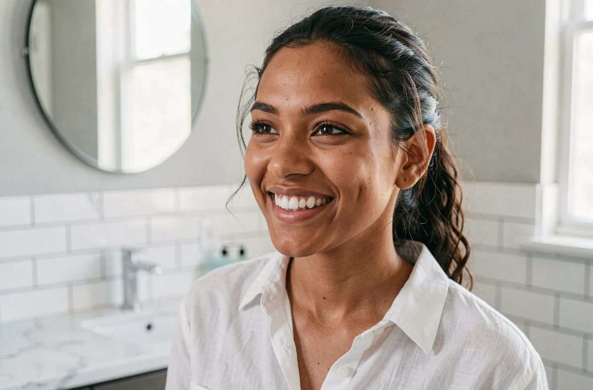 Jeune femme à peau mate souriant devant un miroir de salle de bain, dents blanches éclatantes mises en valeur