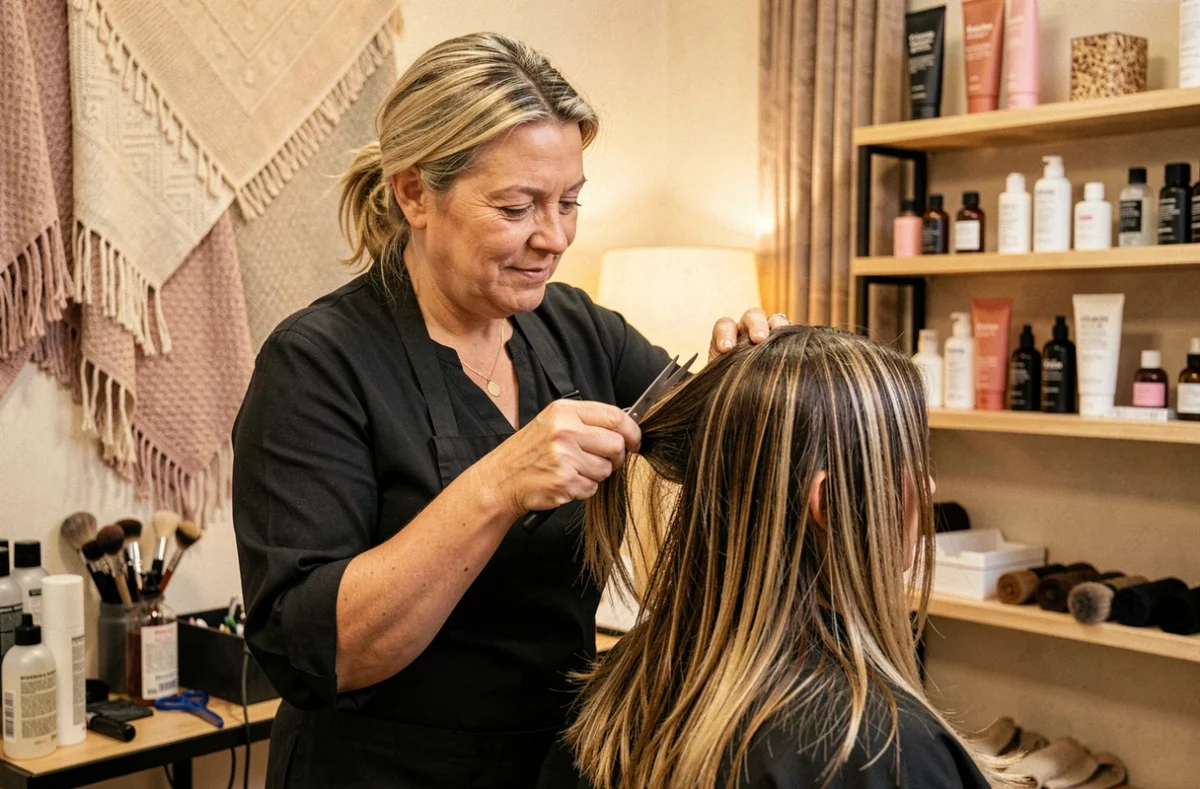 Valérie Hebda dans son atelier de coiffure à Montpellier réalisant une coupe en couches dans un cadre intime