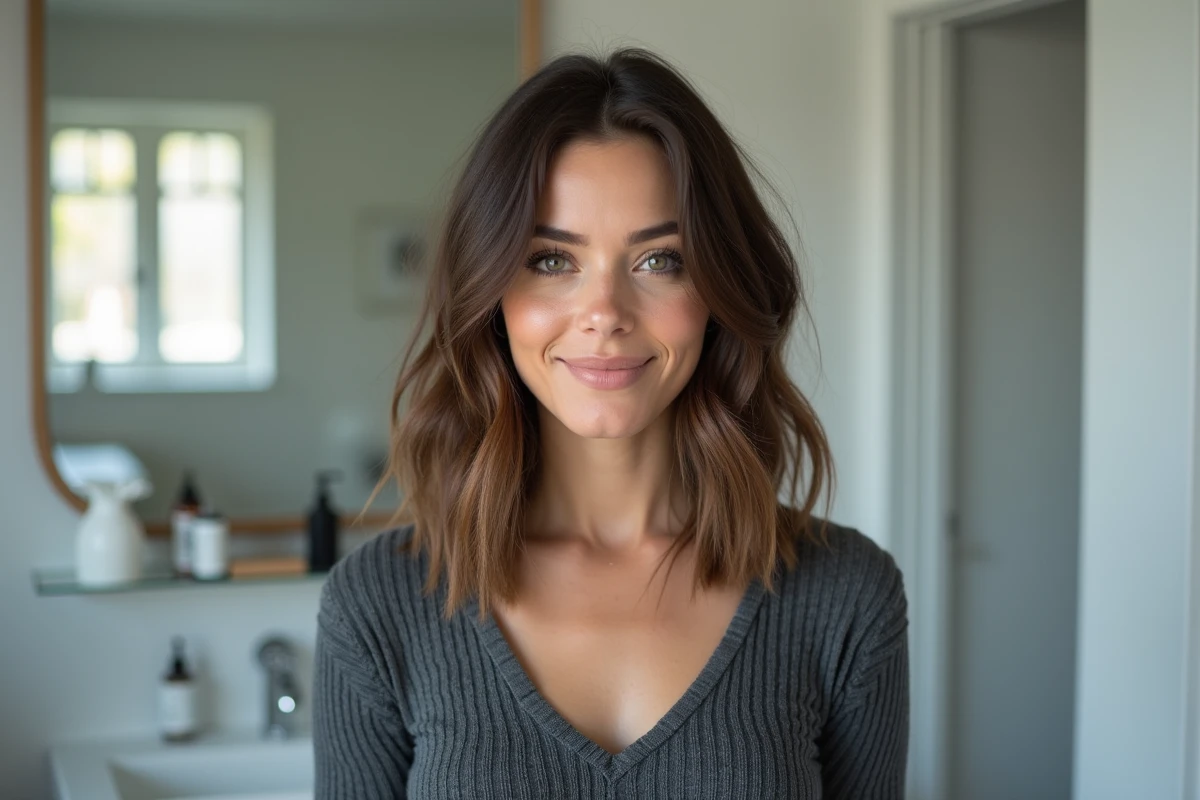Comparaison avant après coupe dégradée mi-longue sur visage rond, portrait réaliste en deux parties montrant l'effet de la coupe sur la silhouette