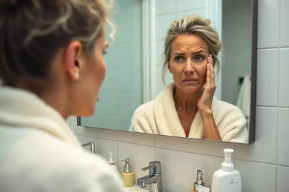 Femme d'une cinquantaine d'années examinant sa peau avec scepticisme devant un miroir de salle de bain, produits anti-âge visibles sur le comptoir