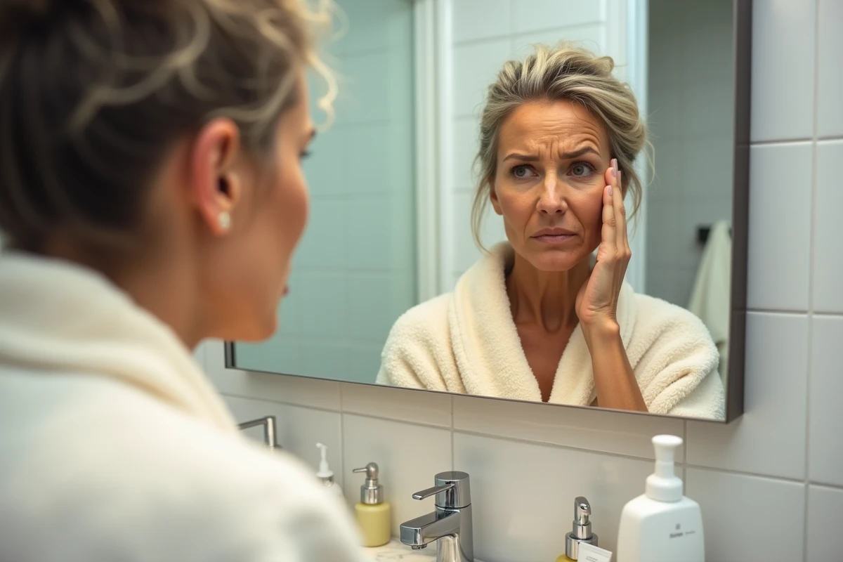 Femme d'une cinquantaine d'années examinant sa peau avec scepticisme devant un miroir de salle de bain, produits anti-âge visibles sur le comptoir