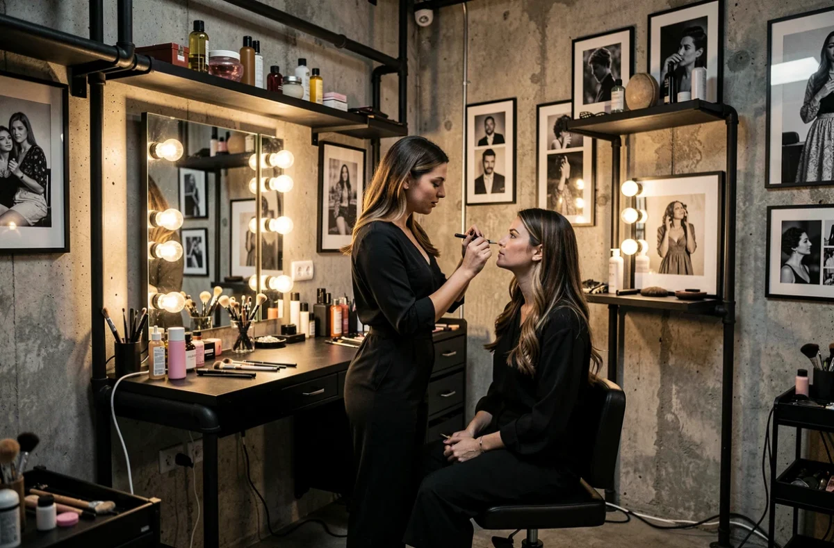 Artiste maquillage au travail dans l'ambiance créative du salon Backstage