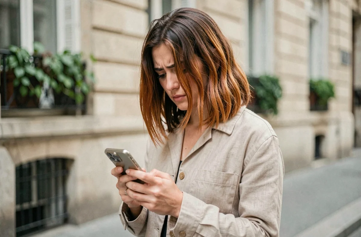 Jeune femme avec balayage blond raté aux reflets orangés visibles sur cheveux châtains