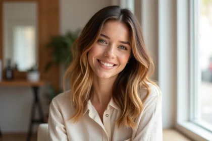 Femme aux cheveux bruns avec un balayage caramel miel en ondes légères dans un salon moderne