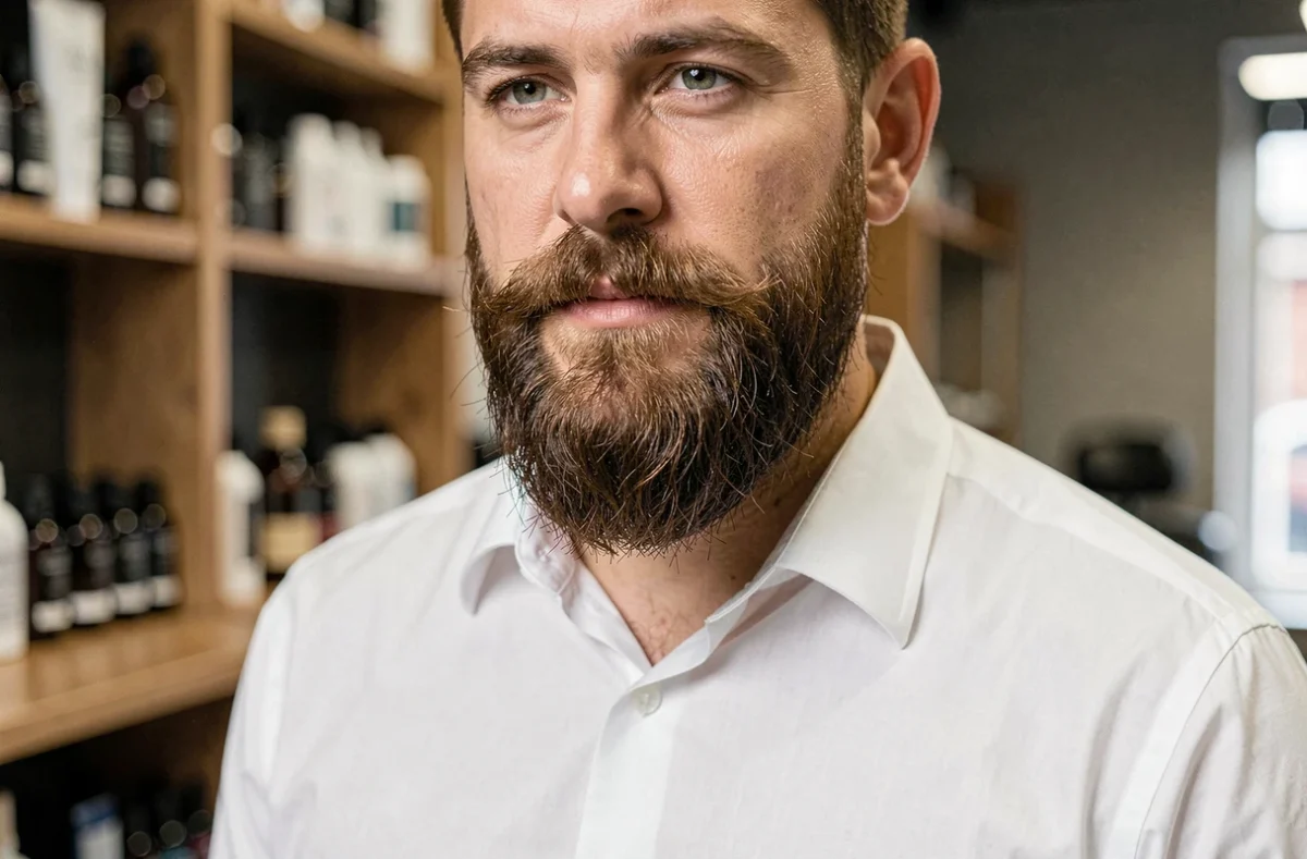Homme aux cheveux bruns avec une barbe longue et bien taillée d'environ 5 cm dans un salon de coiffure moderne, style élégant et soigné