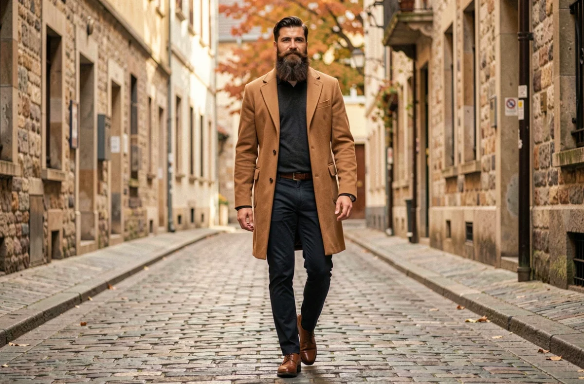 Homme grand et élégant avec une longue barbe ondulée portant un manteau camel marchant dans une rue pavée européenne en automne