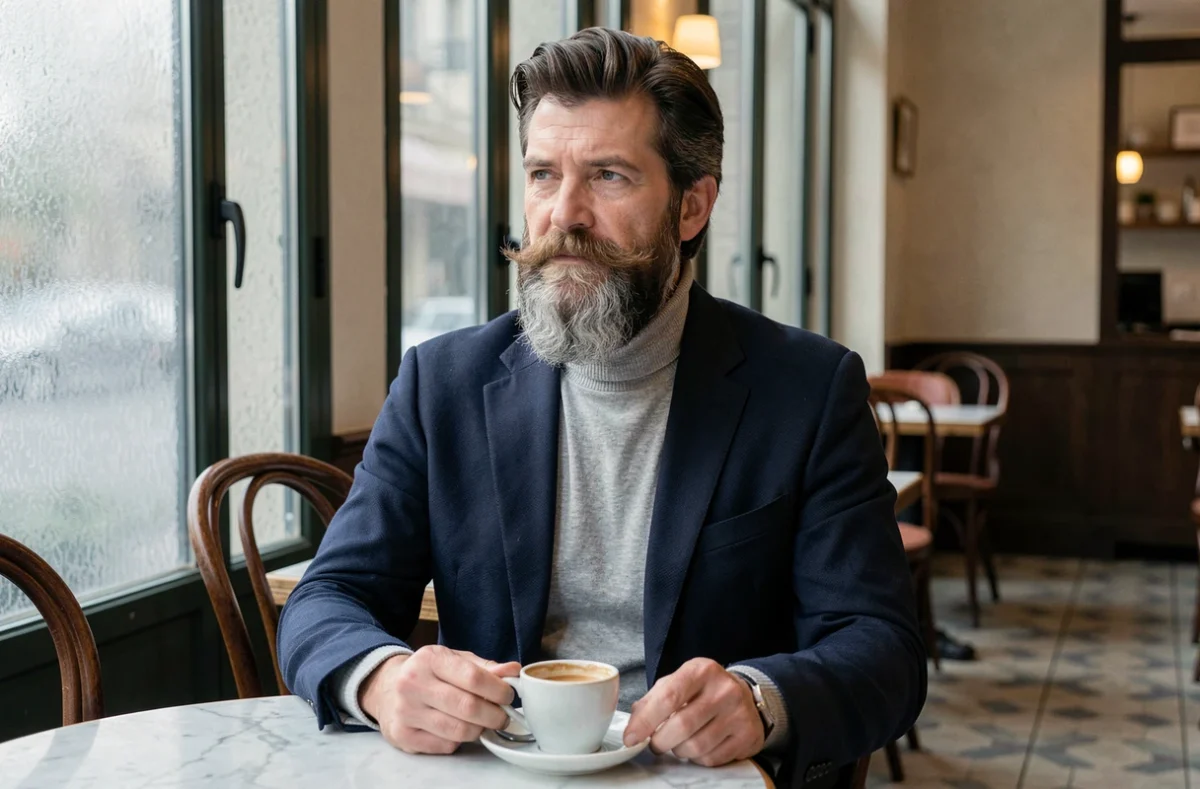 Homme élégant d'une quarantaine d'années avec une longue barbe volumineuse portant un blazer marine dans un café parisien, style quotidien raffiné