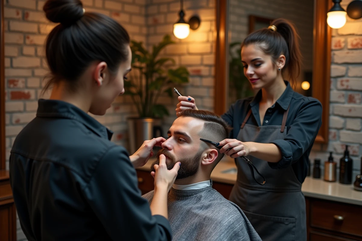 Barbière en action avec un rasoir sur un client dans un salon