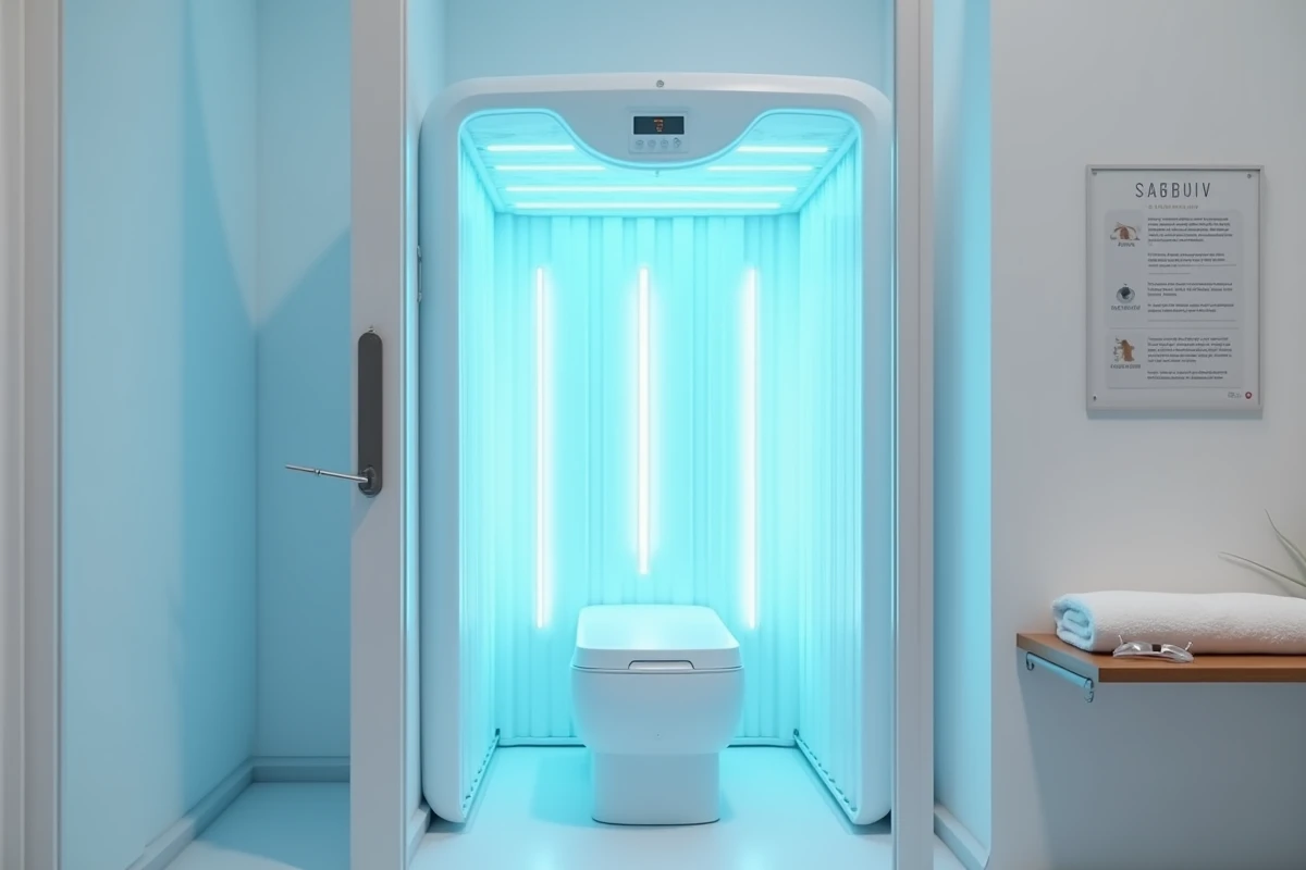 Cabine de bronzage UV moderne et propre dans le centre solaire Point Soleil Caulaincourt à Paris