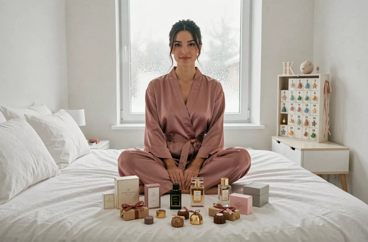 Femme en robe de soie entourée de produits de beauté et parfums miniatures issus d'un calendrier de l'Avent féminin luxueux sur un lit blanc