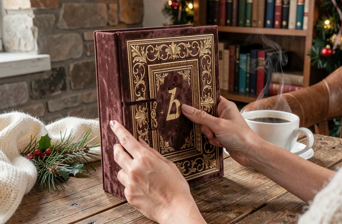 Mains féminines manucurées tenant une porte numérotée d'un calendrier de l'Avent luxe à finition velours dorée sur une table en bois avec café et décoration de Noël