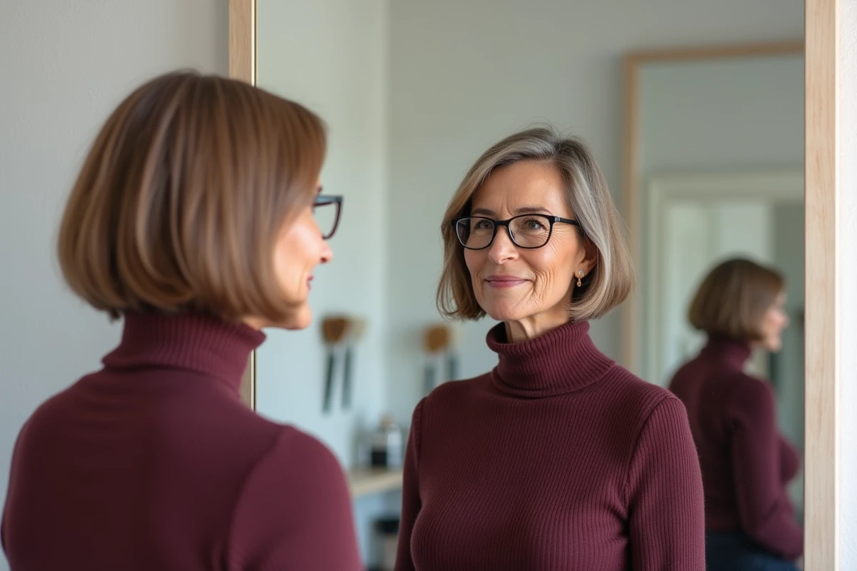 Femme 60 ans avec un carré court et des lunettes rectangulaires dans un salon de coiffure moderne