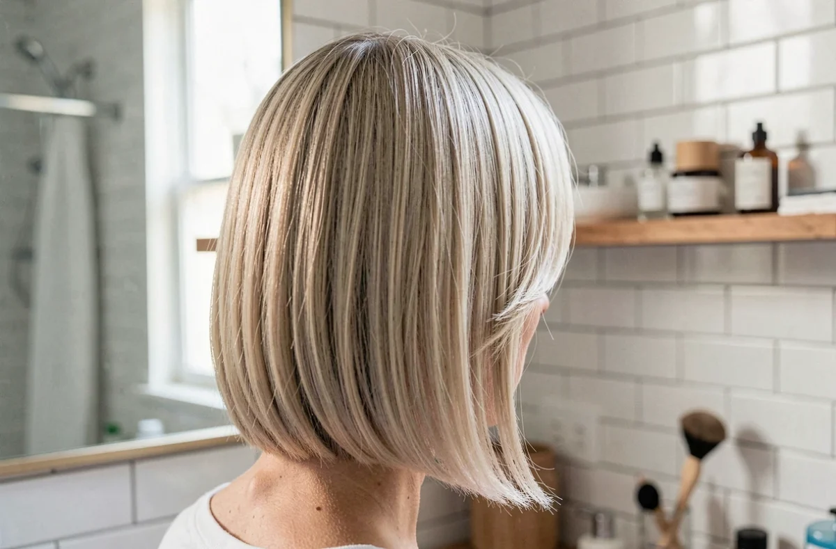 Vue de dos d'une femme avec un carré dégradé blond cendré sur cheveux épais, nuque rasée légère et graduation nette dans un miroir de salle de bain