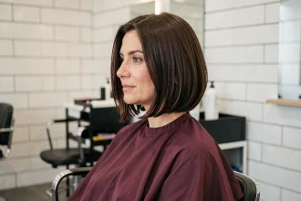 Femme aux cheveux épais coiffée d'un carré dégradé brun foncé, nuque légère et volume maîtrisé, vue en salon de coiffure