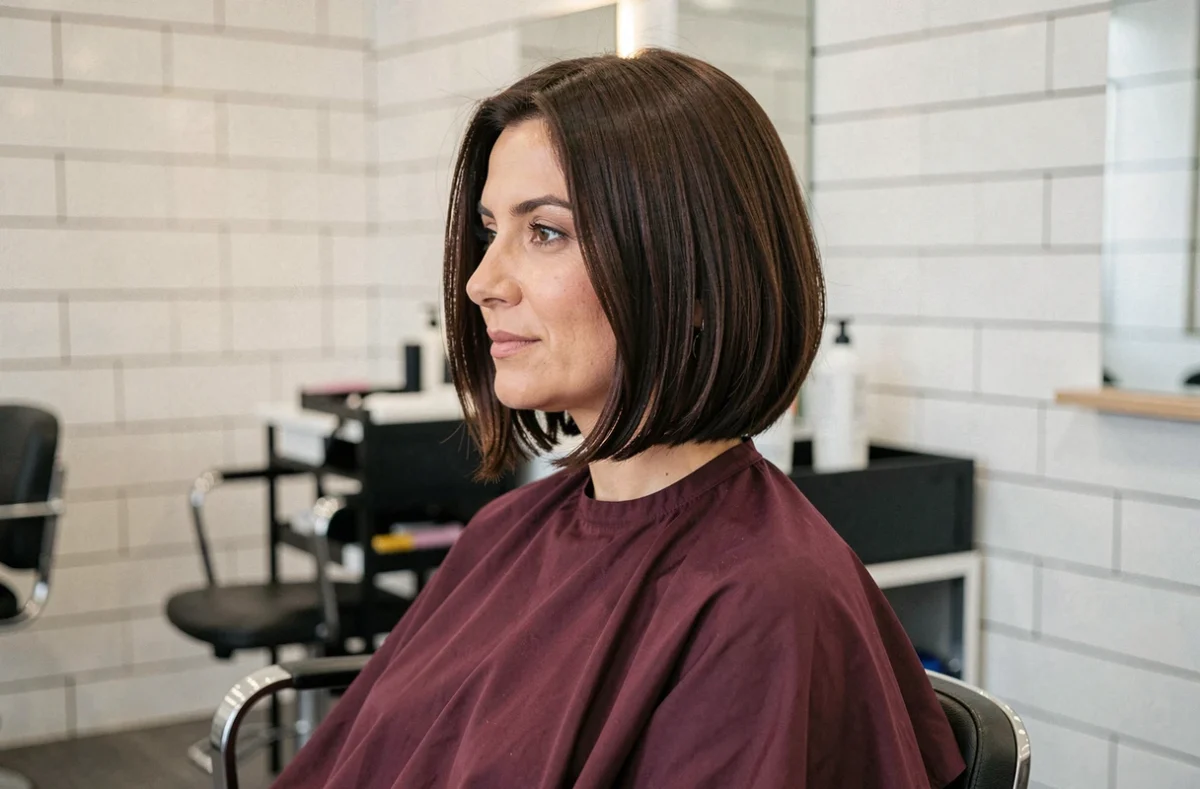 Femme aux cheveux épais coiffée d'un carré dégradé brun foncé, nuque légère et volume maîtrisé, vue en salon de coiffure