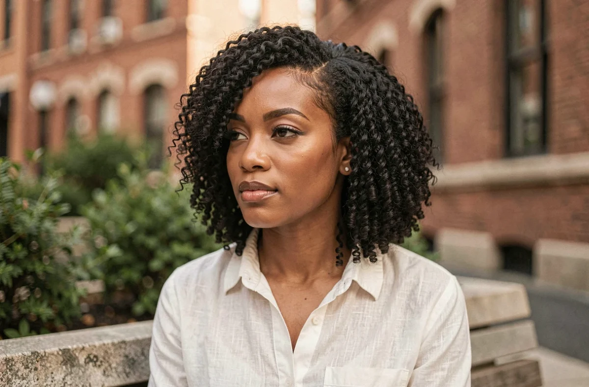 Femme noire avec un carré dégradé sculpté sur cheveux épais naturels, nuque effilée et volume contrôlé, en extérieur urbain
