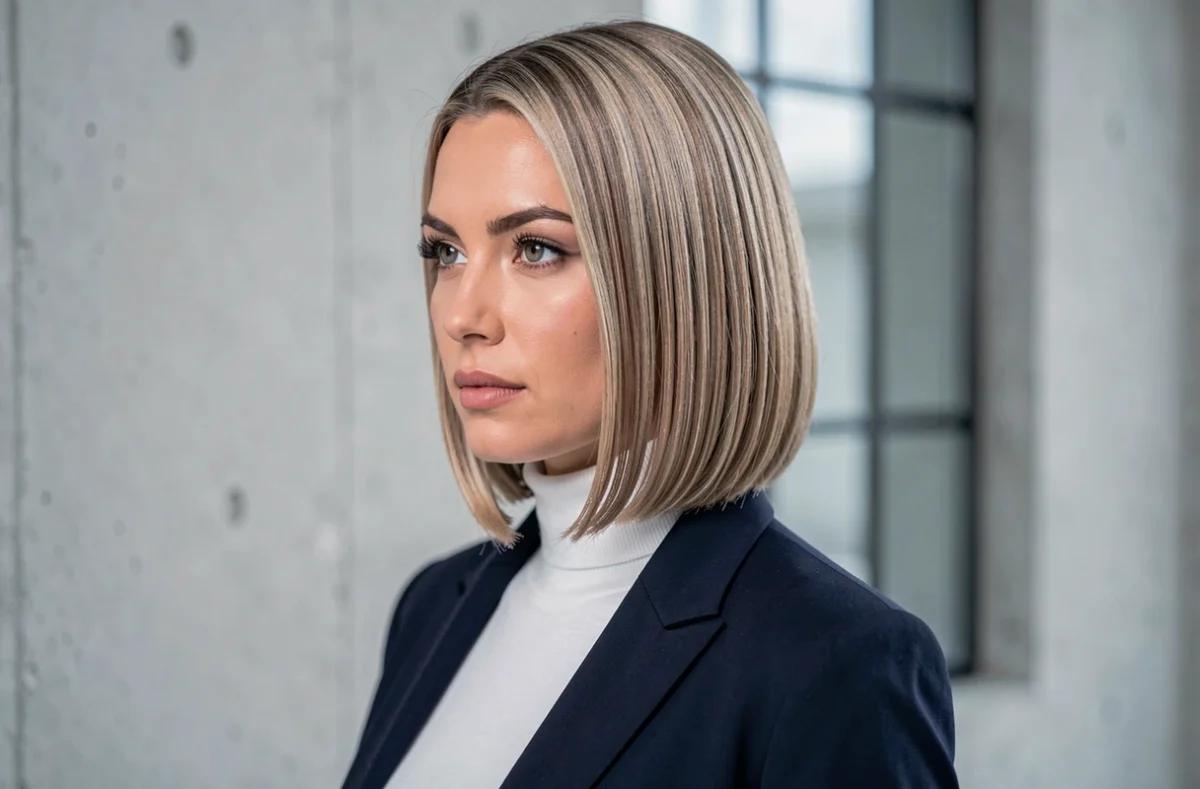Femme arborant un carré dégradé structuré et géométrique dans un studio minimaliste moderne, style coiffure précis et sophistiqué