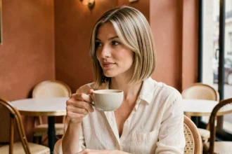 Femme avec un carré flou aux pointes effilées assise dans un café parisien, coupe tendance encadrant le visage
