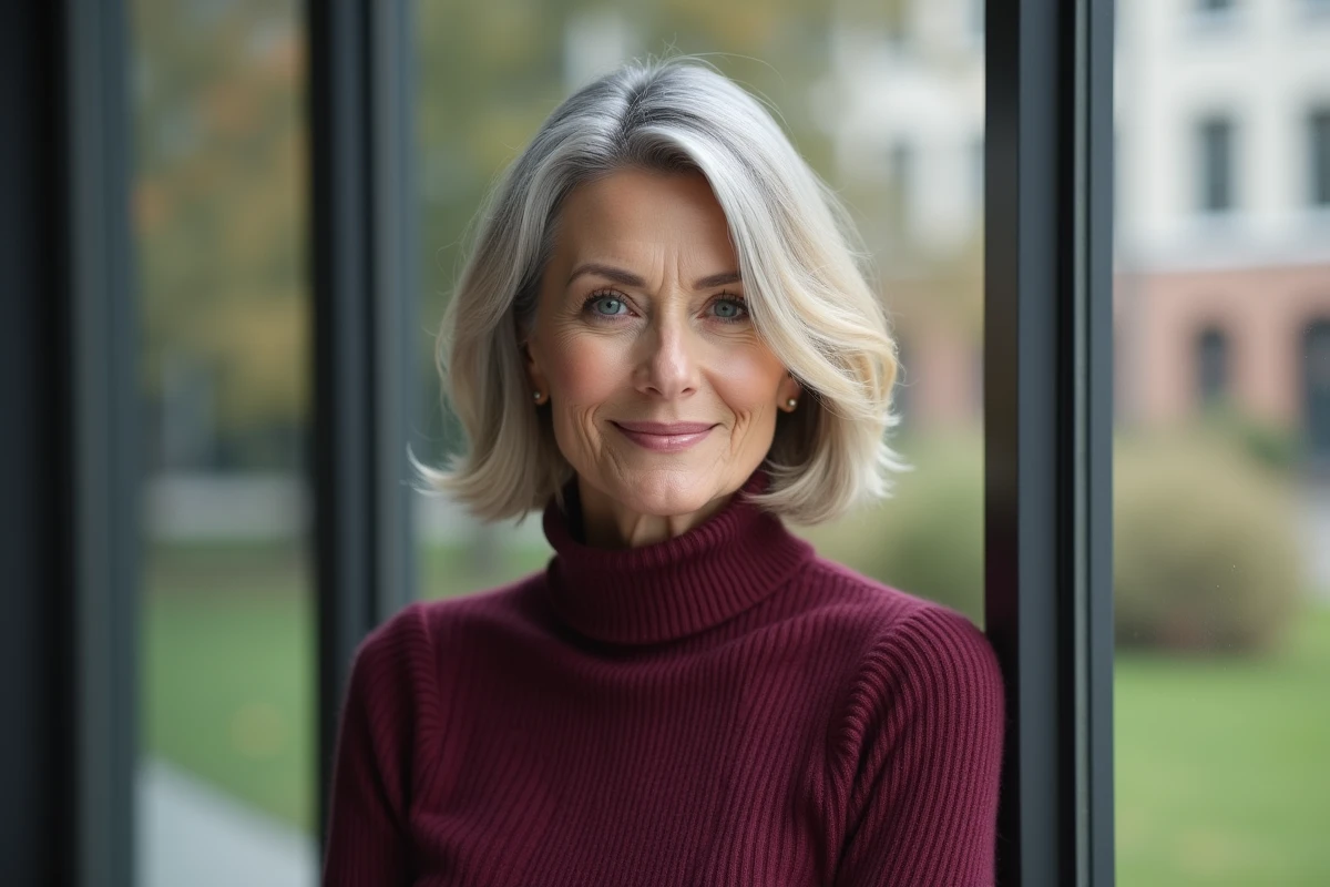 Femme élégante de 70 ans arborant un carré moderne gris et blond qui rajeunit le visage