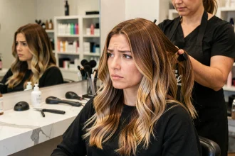 Femme châtain avec balayage blond examinant sa coloration dans un miroir de salon de coiffure