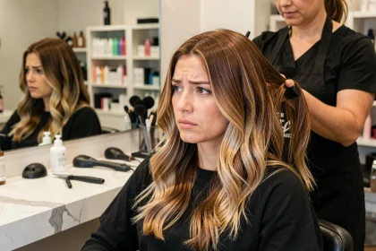 Femme châtain avec balayage blond examinant sa coloration dans un miroir de salon de coiffure