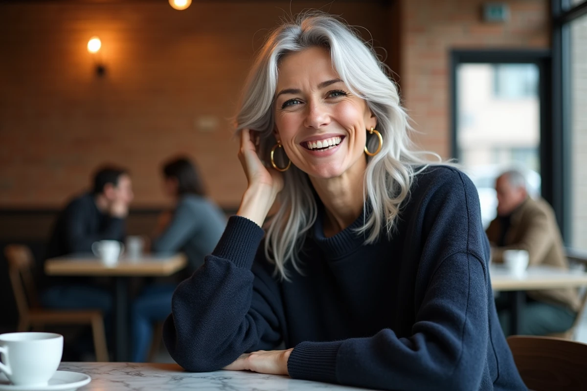 Jeune femme aux cheveux blanc argenté assis dans un café tendance, souriant naturellement avec des boucles dorées et un pull marine