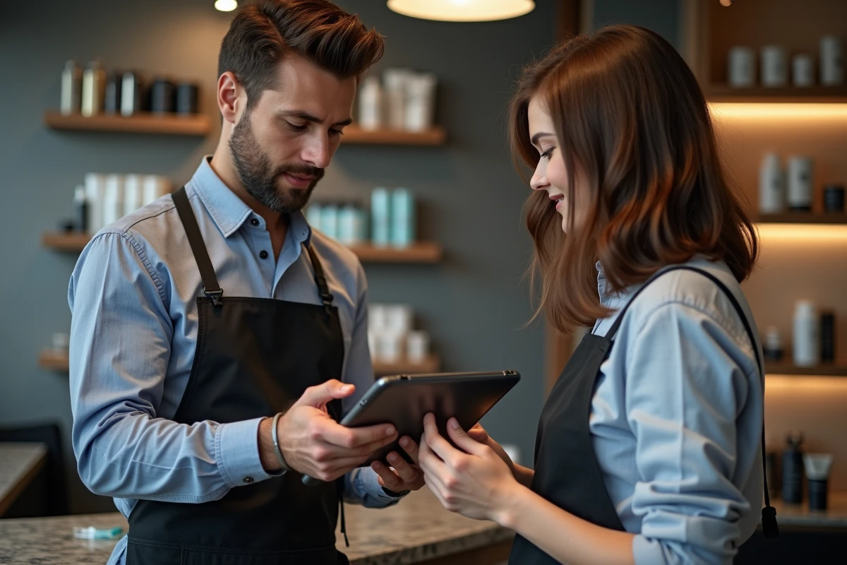 Coiffeur montrant une tablette à une cliente dans un salon moderne
