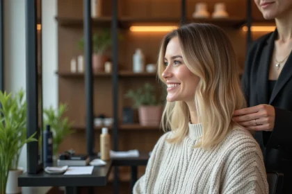 Femme blonde souriante dans un salon de coiffure moderne
