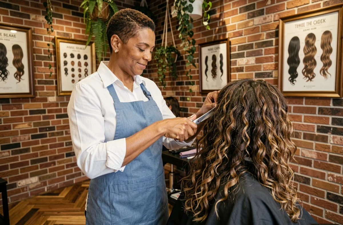 Coiffeuse professionnelle coupant les cheveux bouclés de sa cliente dans un studio de coiffure chaleureux avec tableau de types de boucles