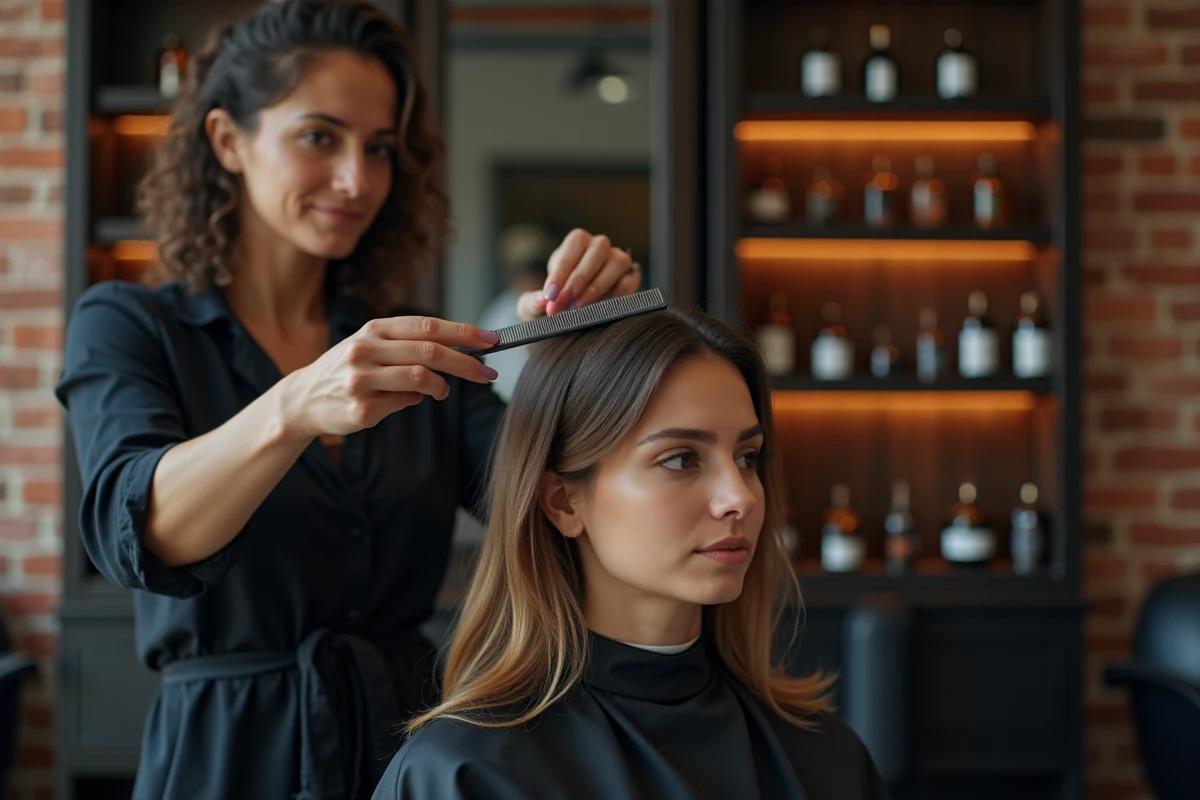 Coiffeuse professionnelle réalisant une coupe dégradée mi-longue sur une cliente dans un studio de coiffure moderne, vue en pied montrant le résultat sur la silhouette du visage