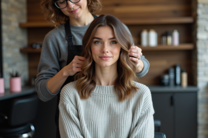 Femme avec coupe en couches dans un salon moderne