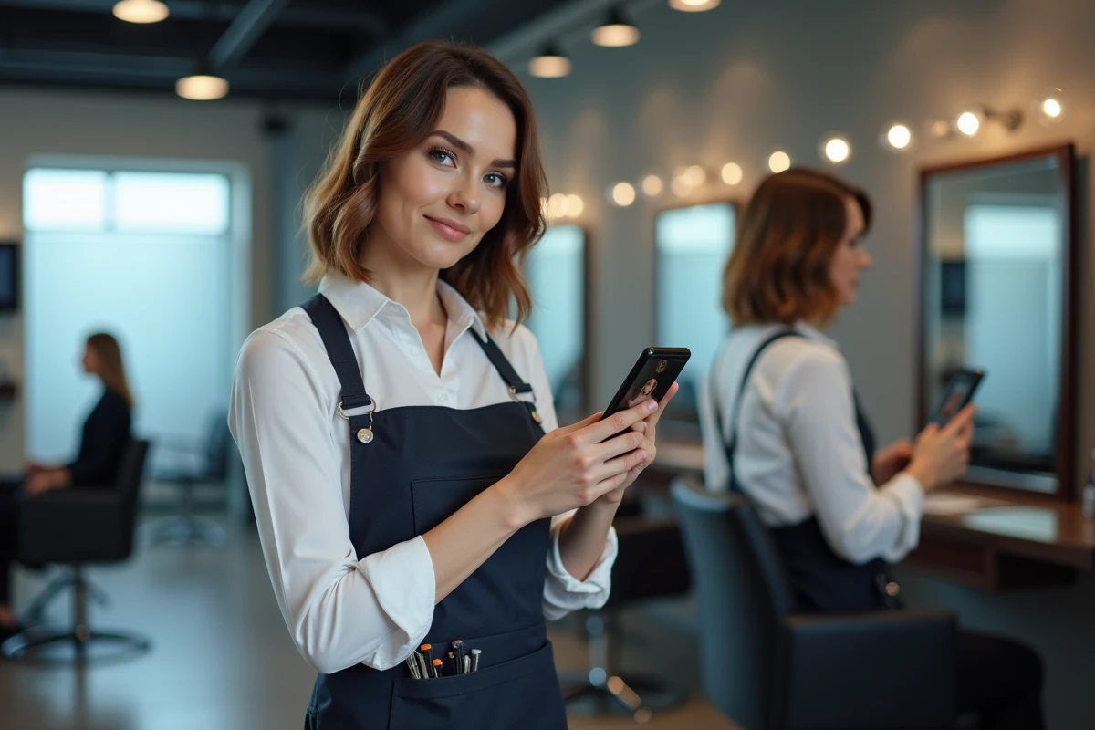 Coiffeuse professionnelle présentant le résultat d'un simulateur de coupe pour visage rond sur smartphone