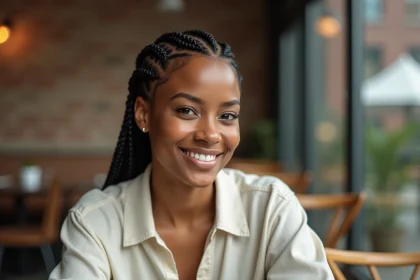 Femme aux cheveux courts avec des tresses cornrows géométriques dans un café urbain moderne